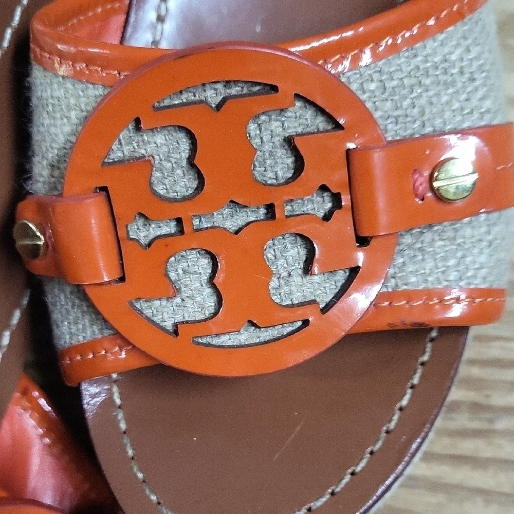 Orange and Tan Wedge Sandals with Decorative Buckle